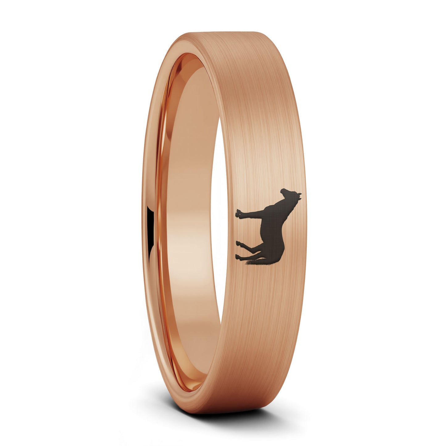 A horse brushed rose gold tungsten women's wedding band displayed on a plain white background.