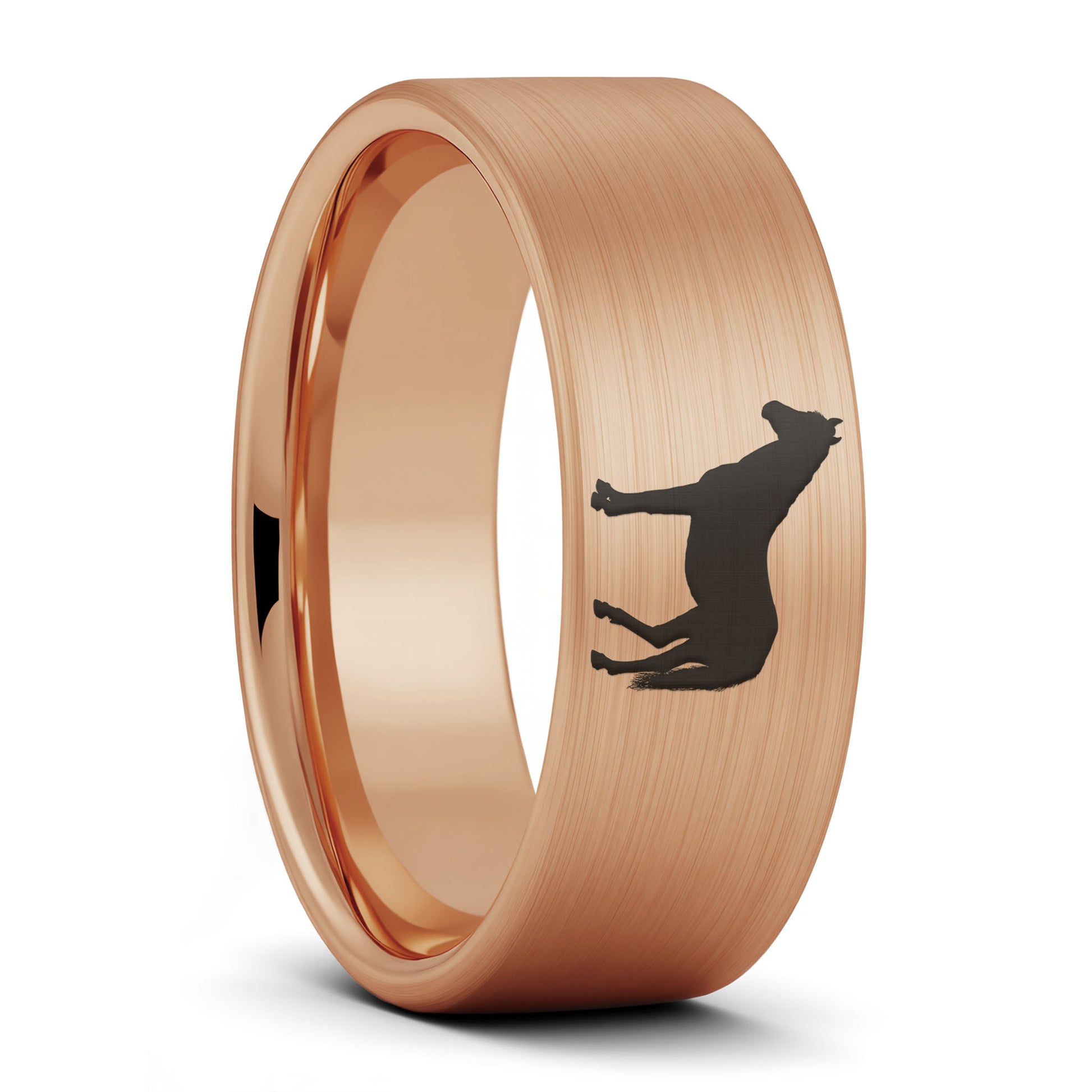 A horse brushed rose gold tungsten men's wedding band displayed on a plain white background.