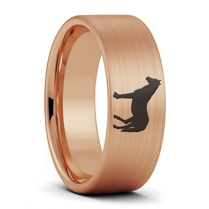 A horse brushed rose gold tungsten men's wedding band displayed on a plain white background.