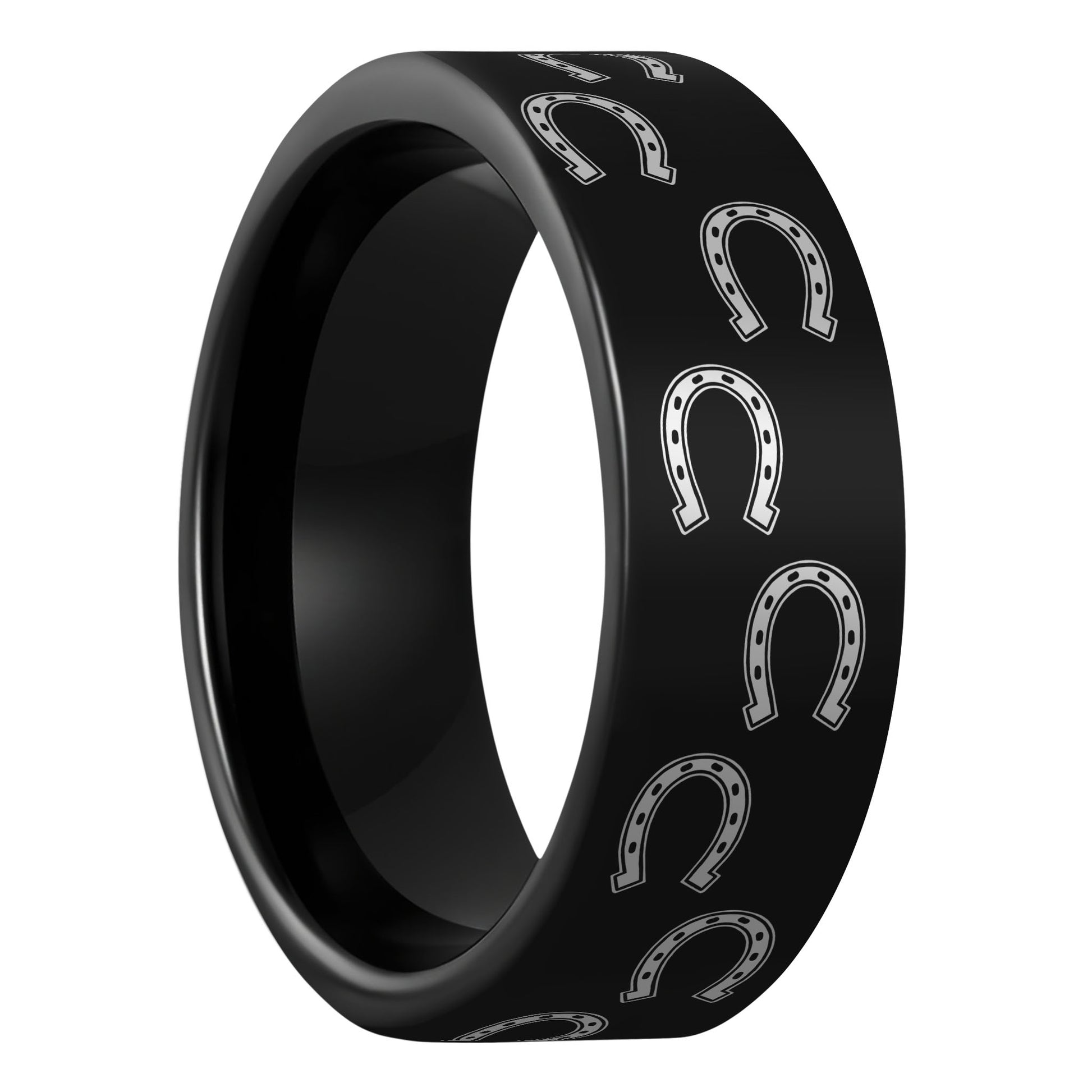 One Horseshoes Black Tungsten Men's Wedding Band displayed on a plain white background