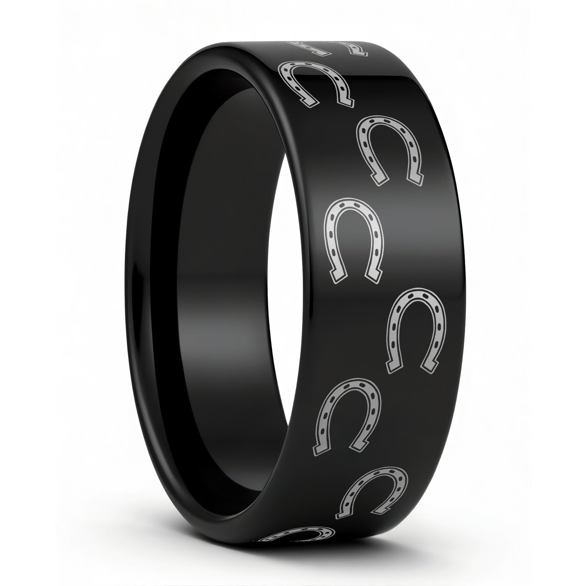 One Horseshoes Black Tungsten Men's Wedding Band displayed on a plain white background