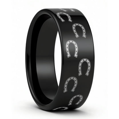 One Horseshoes Black Tungsten Men's Wedding Band displayed on a plain white background