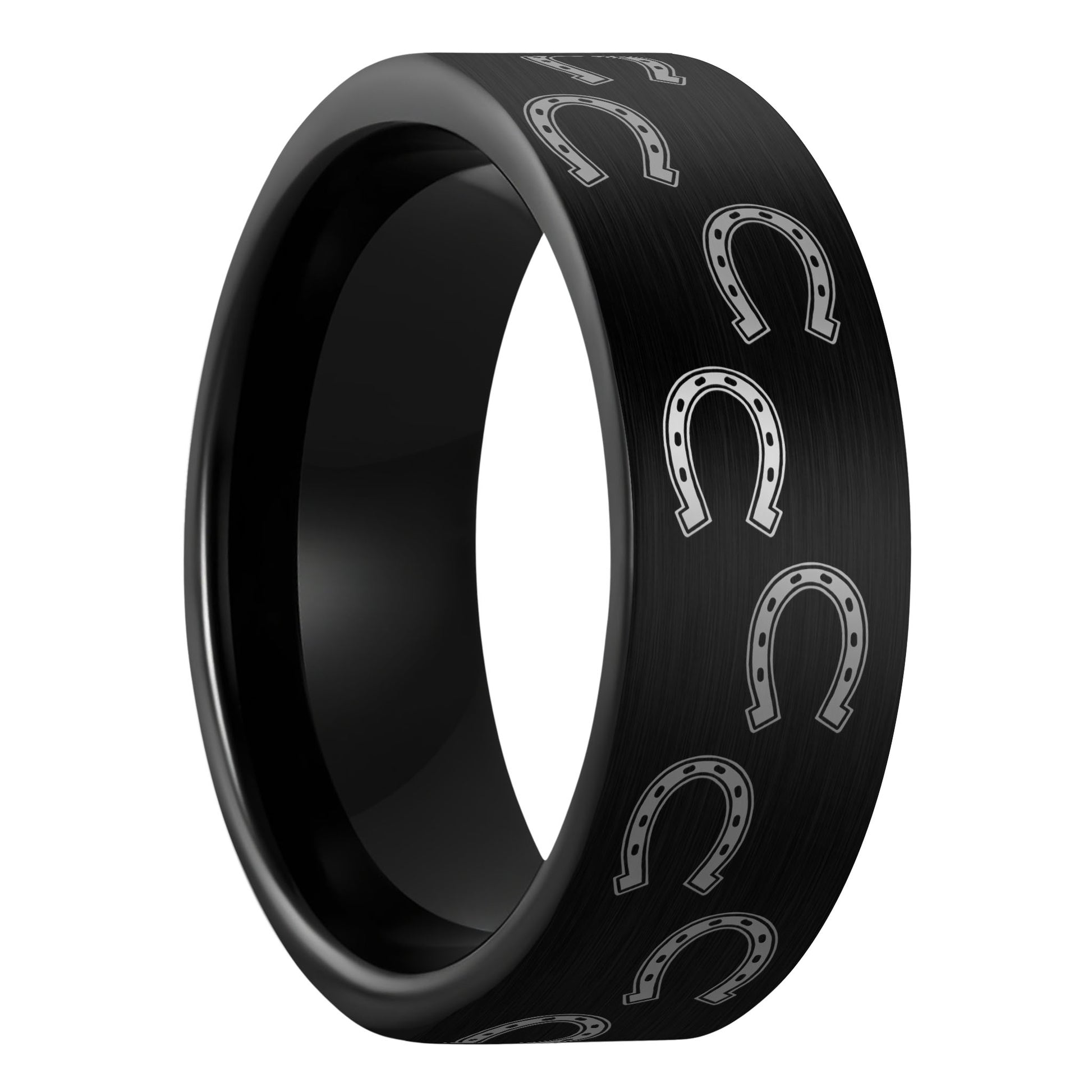 A horseshoes brushed black tungsten men's wedding band displayed on a plain white background.