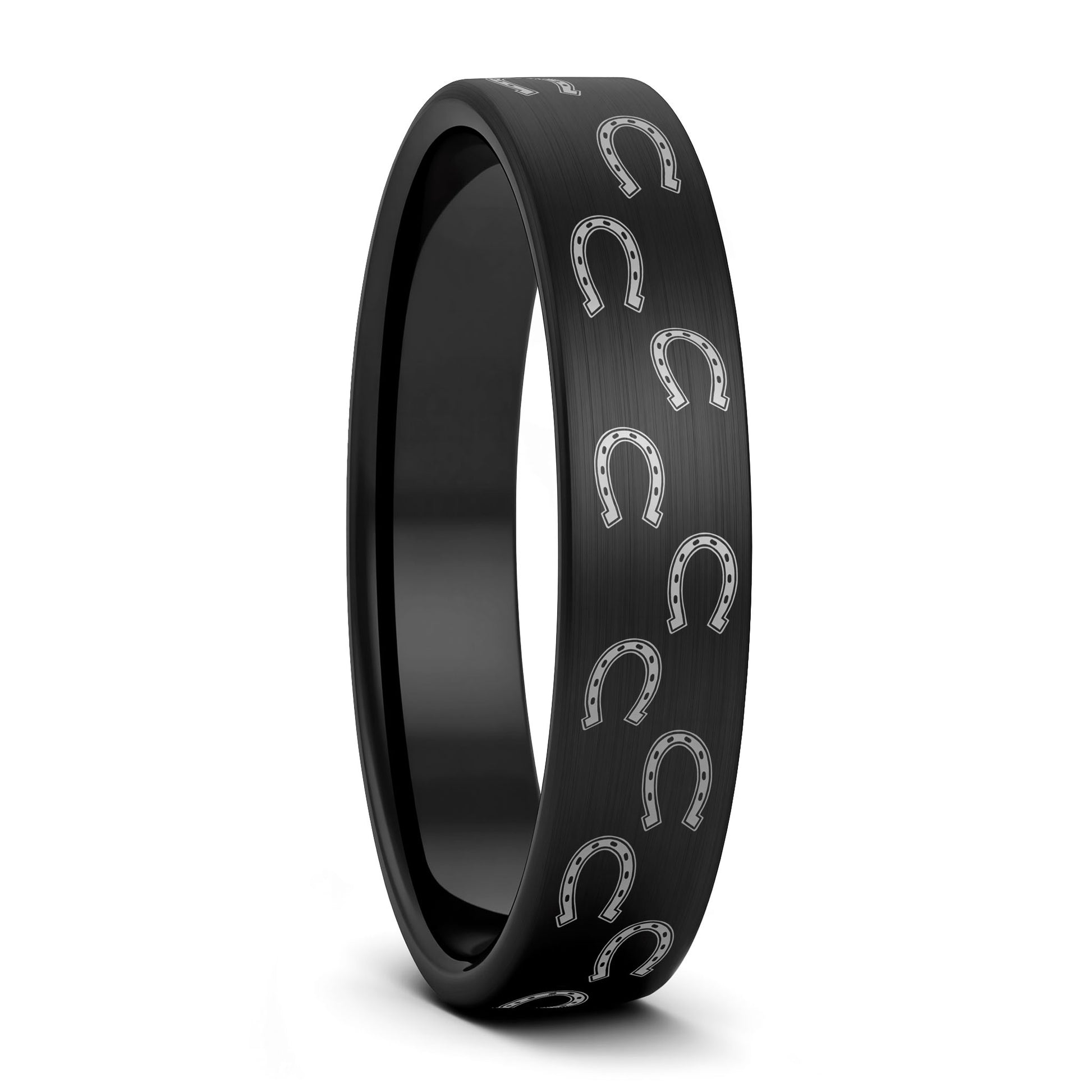 A horseshoes brushed black tungsten women's wedding band displayed on a plain white background.