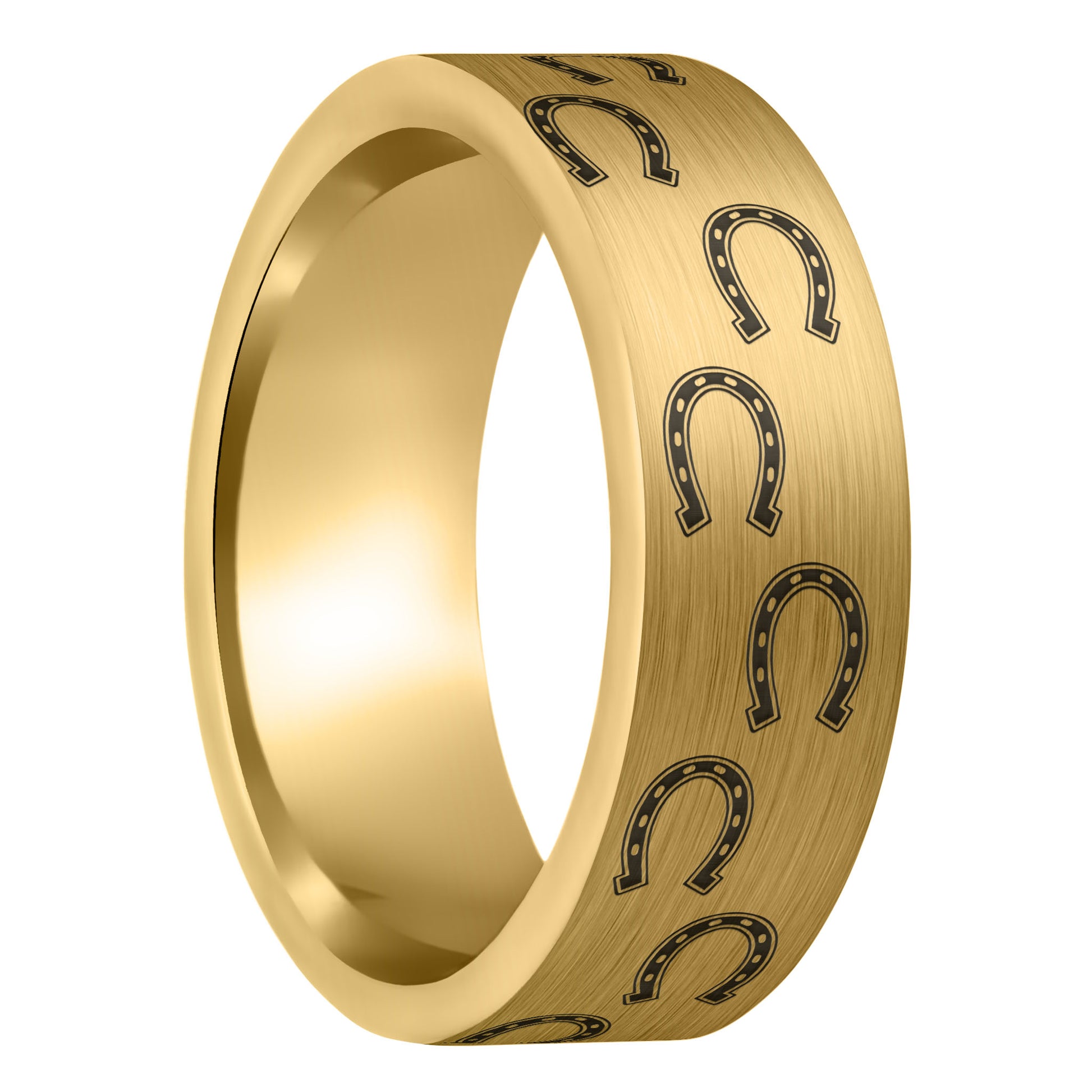A horseshoes brushed gold tungsten men's wedding band displayed on a plain white background.