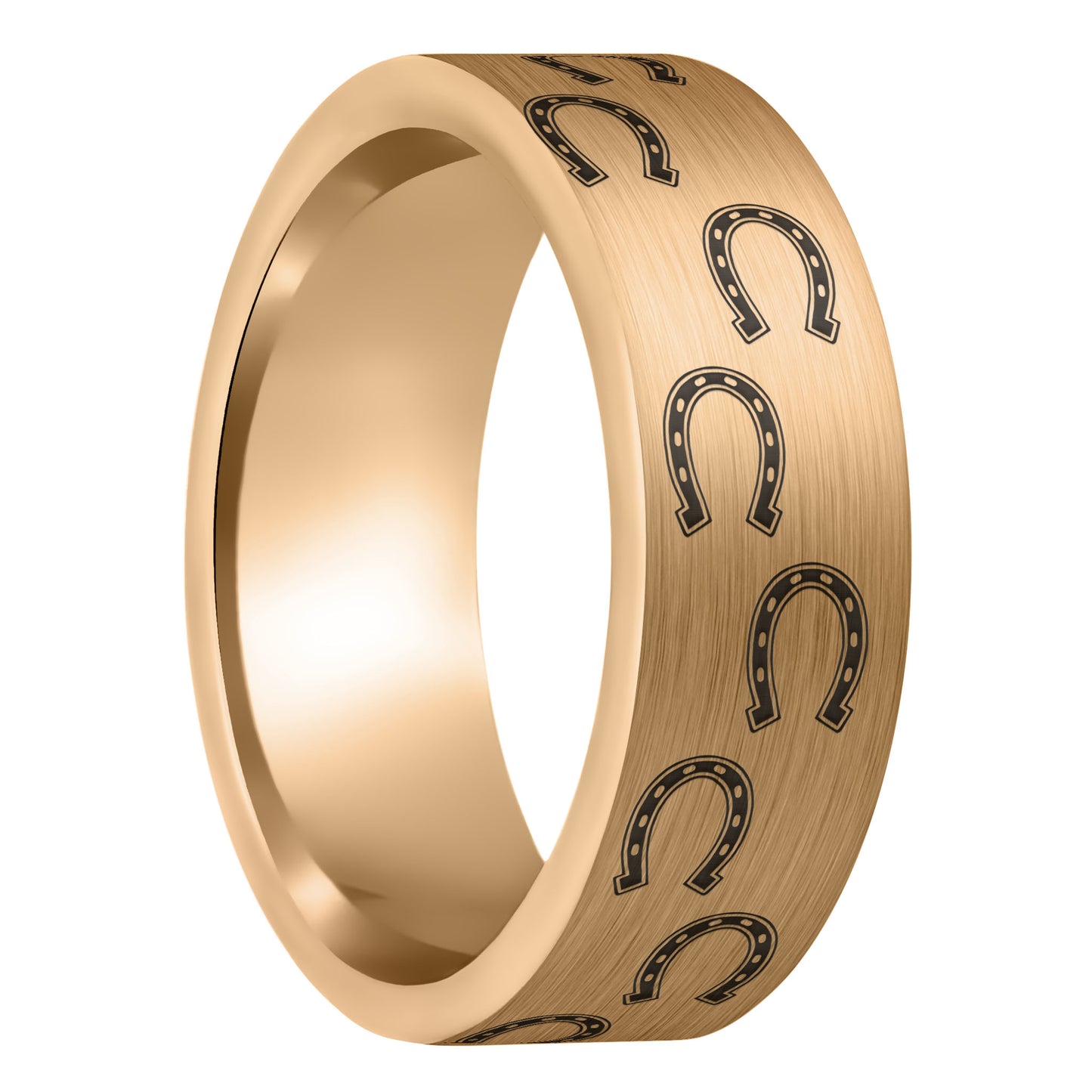 A horseshoes brushed rose gold tungsten men's wedding band displayed on a plain white background.