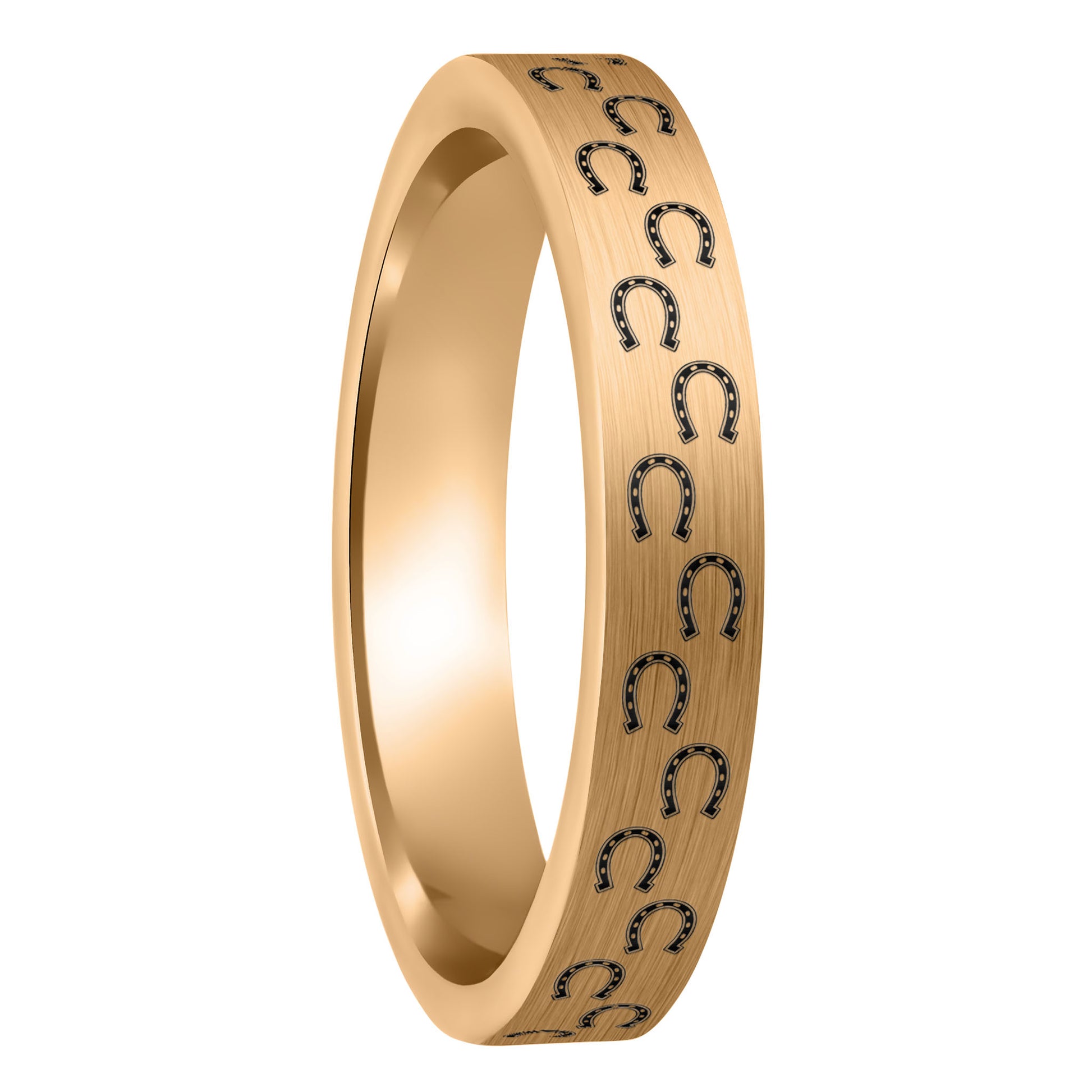A horseshoes brushed rose gold tungsten women's wedding band displayed on a plain white background.
