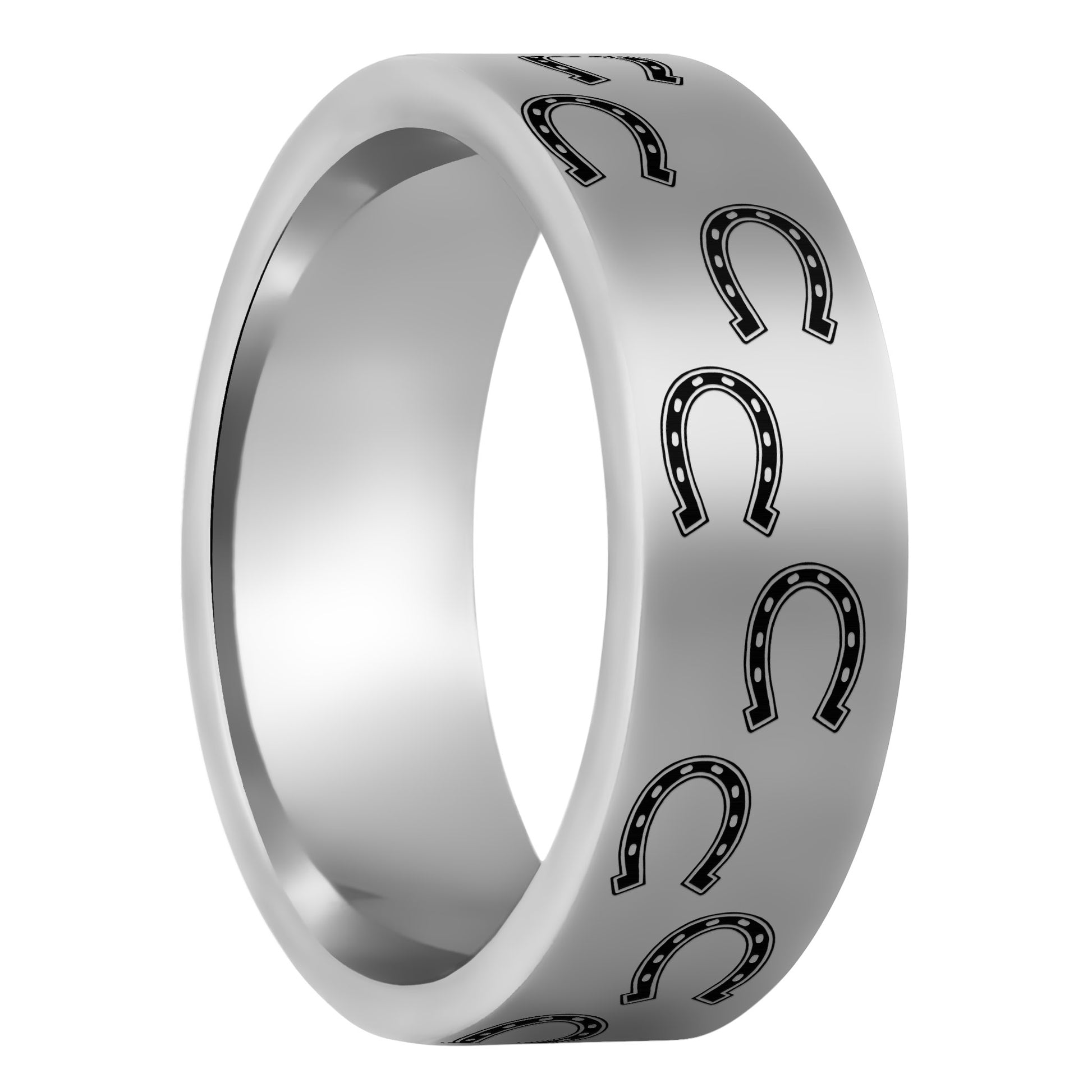 One Horseshoes Tungsten Men's Wedding Band displayed on a plain white background