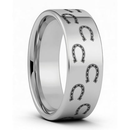 One Horseshoes Tungsten Men's Wedding Band displayed on a plain white background