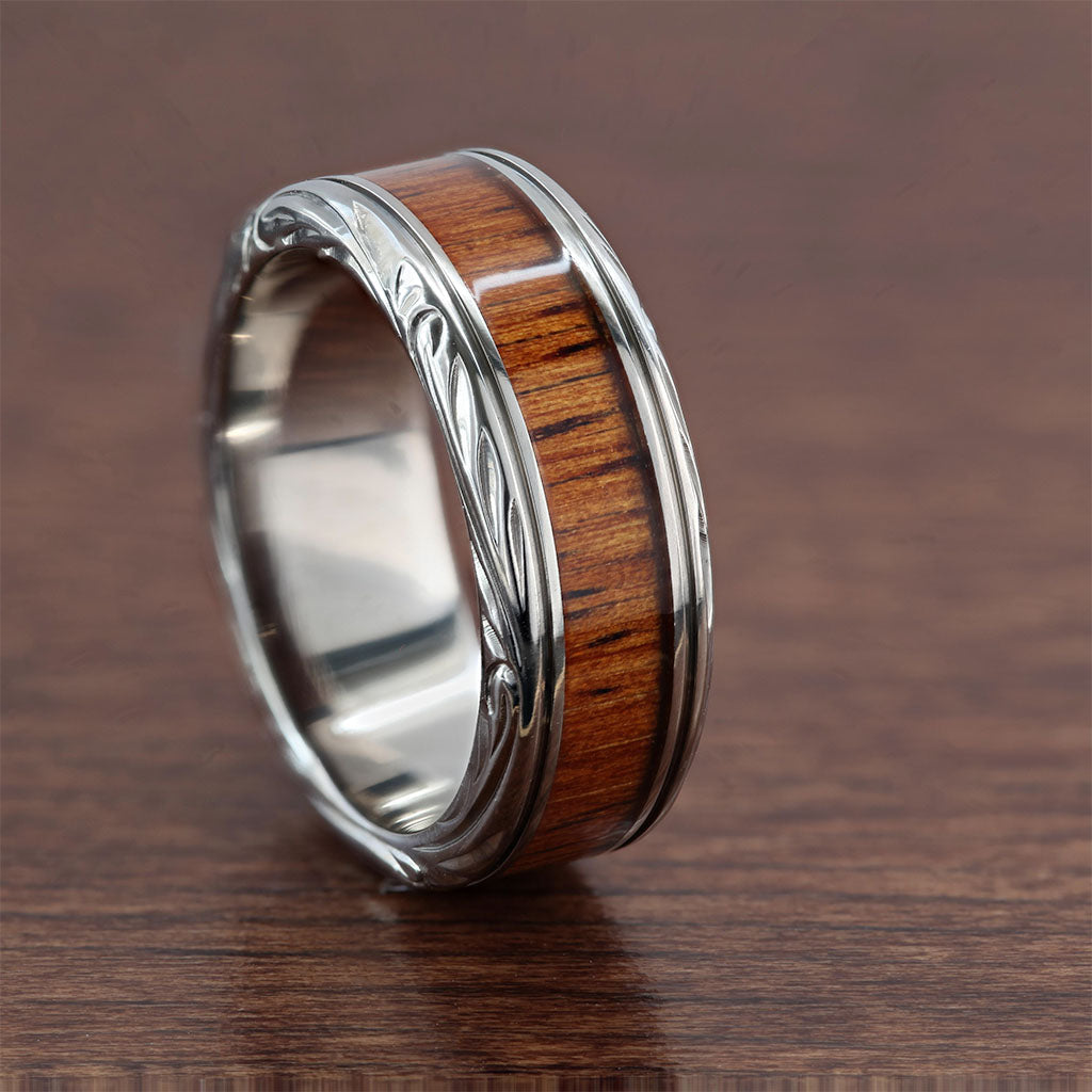 Intricate Edge Titanium Women's Wedding Band with Koa Wood Inlay
