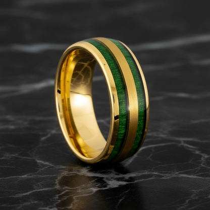 Jade Green Wood Inlaid Gold Tungsten Men's Wedding Band
