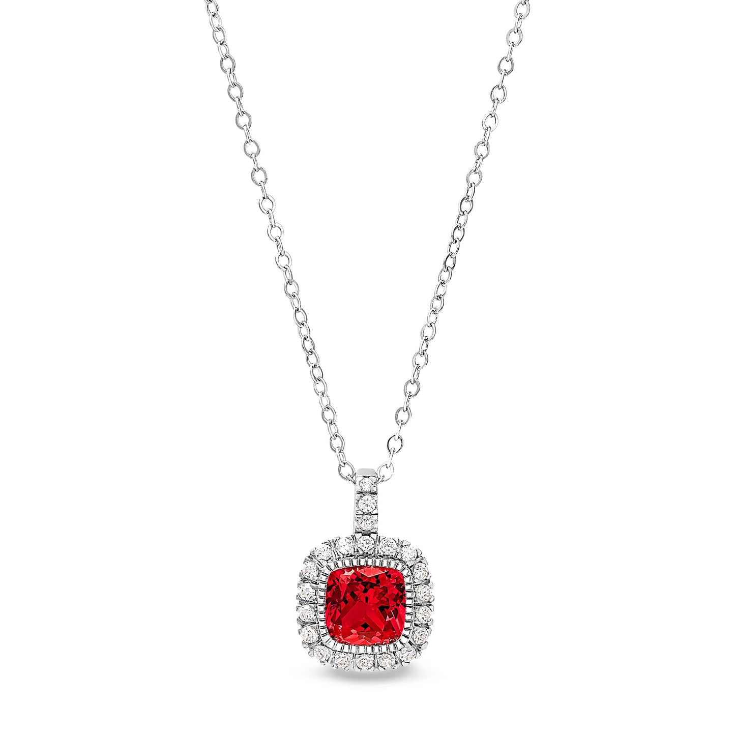 Cushion Cut Birthstone Halo Style Sterling Silver Necklace