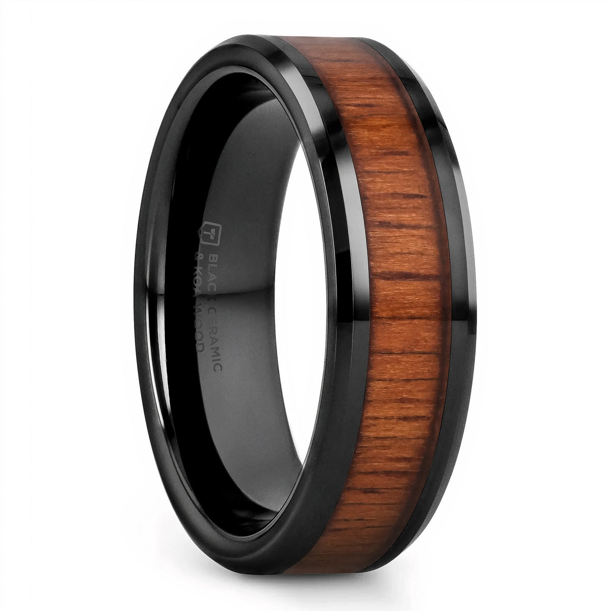 Koa Wood Inlaid Black Ceramic Men's Wedding Band with Beveled Edges
