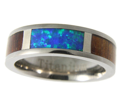 Bracelet en titane pour homme avec centre en opale bleue et incrustation en bois de koa
