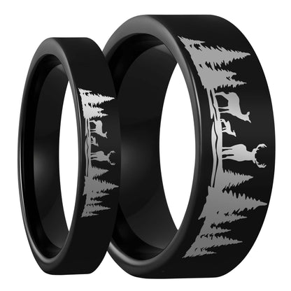 Deer & Landscape Scene Tungsten Couple's Matching Wedding Band Set