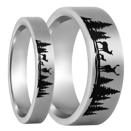 Deer & Landscape Scene Tungsten Couple's Matching Wedding Band Set