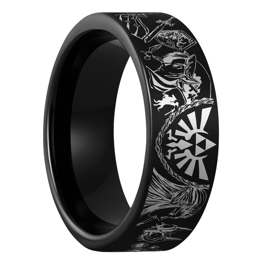 Alianza de boda de tungsteno negro para hombre con la leyenda de Zelda