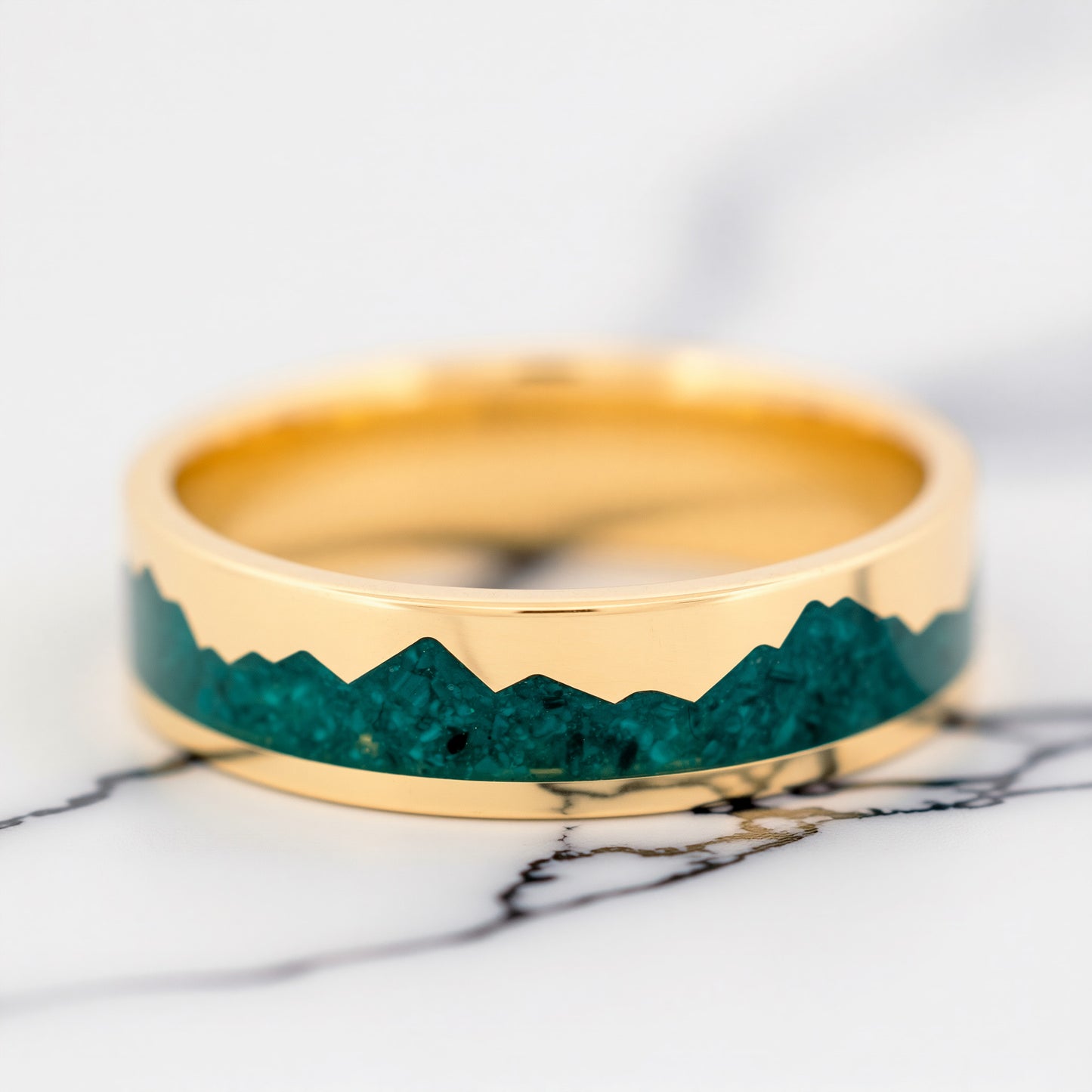 Malachite Inlay Mountain Range 14k Gold Wedding Band