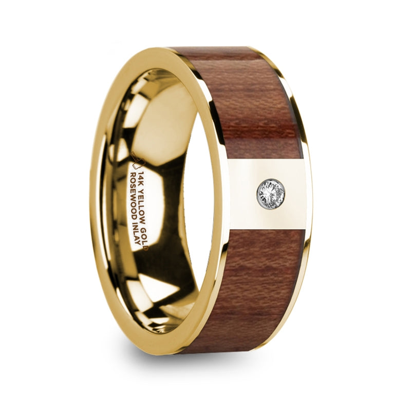 Men's 14k Yellow Gold Wedding Band with Rosewood Inlay & Diamond