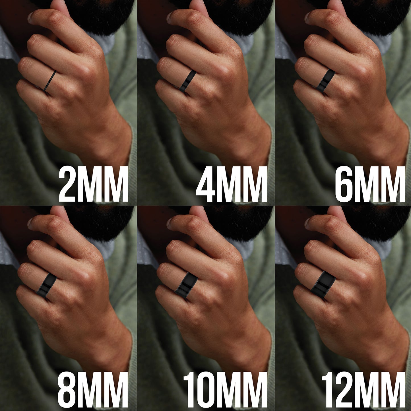 Collage of a hand wearing a black ring with measurements labeled from 2mm to 12mm.