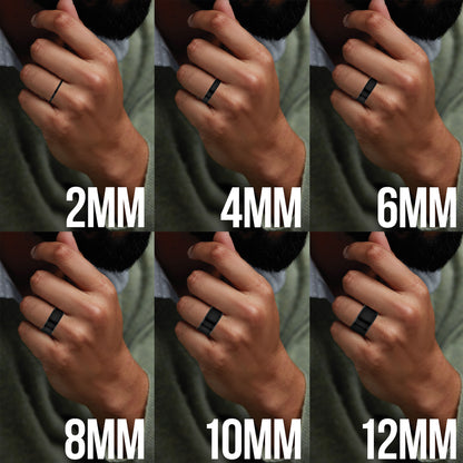 Collage of a hand wearing a black ring with measurements labeled from 2mm to 12mm.