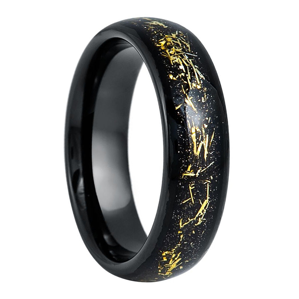 Meteorite Inspired Gold & Black Inlaid Tungsten Women's Wedding Band
