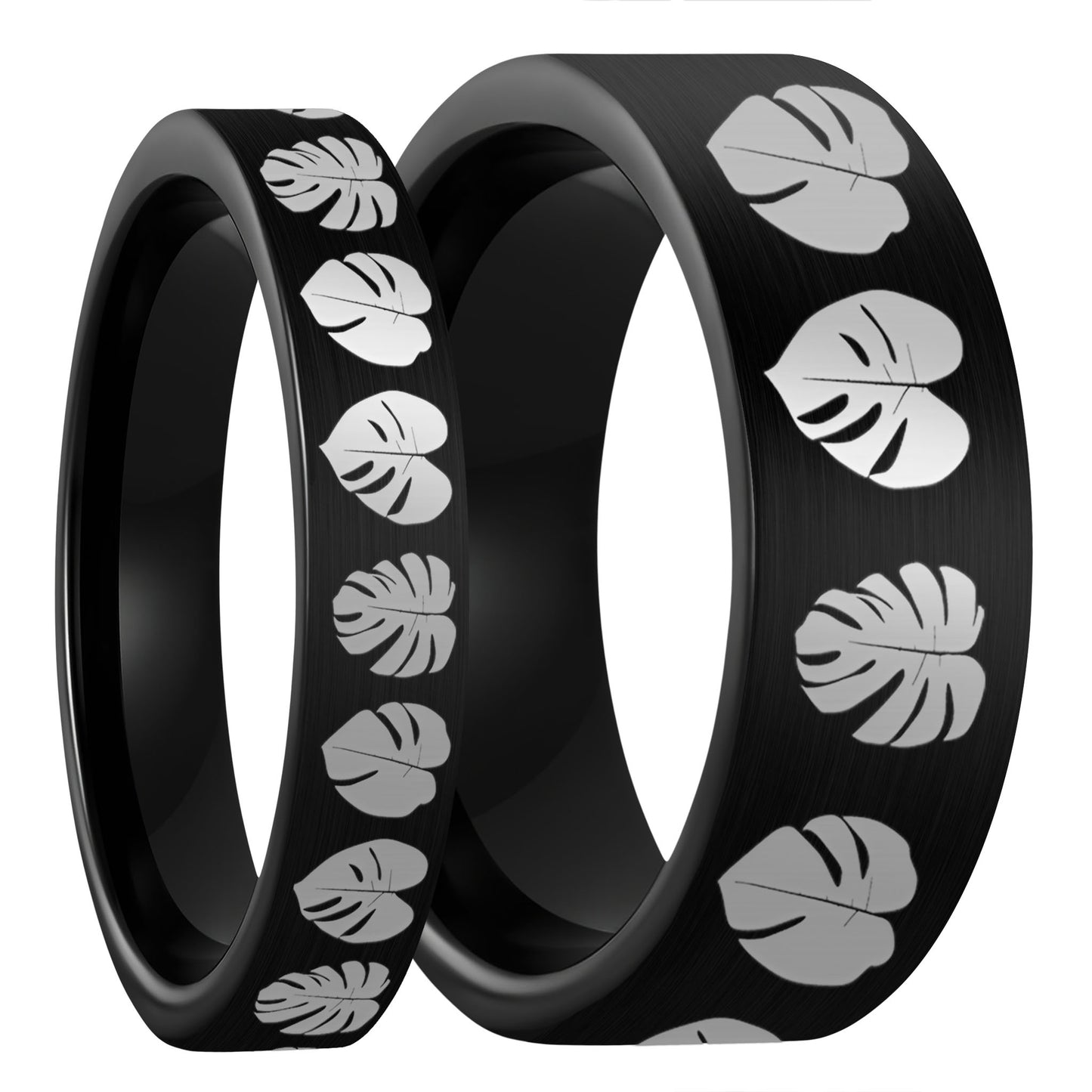 Monsterra Leaves Brushed Black Tungsten Couple's Matching Wedding Band Set