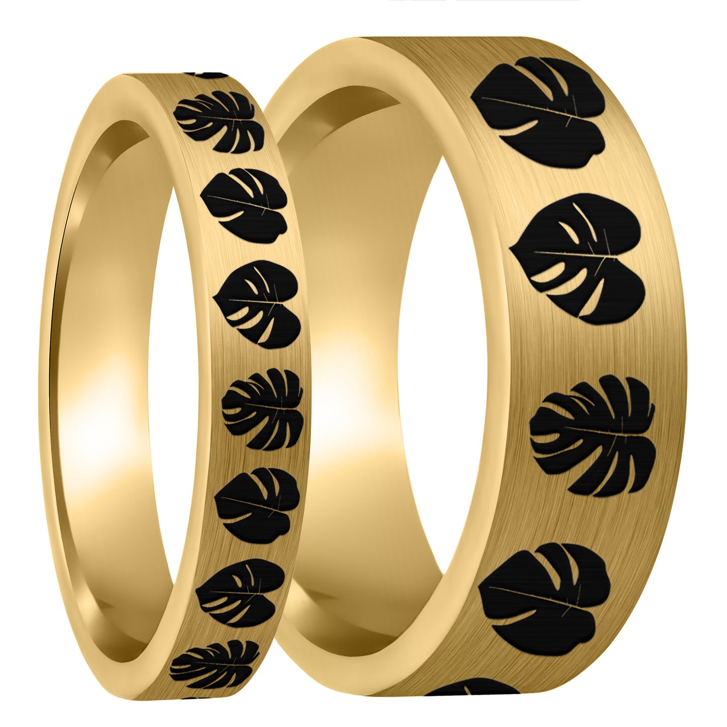 Monsterra Leaves Brushed Gold Tungsten Couple's Matching Wedding Band Set