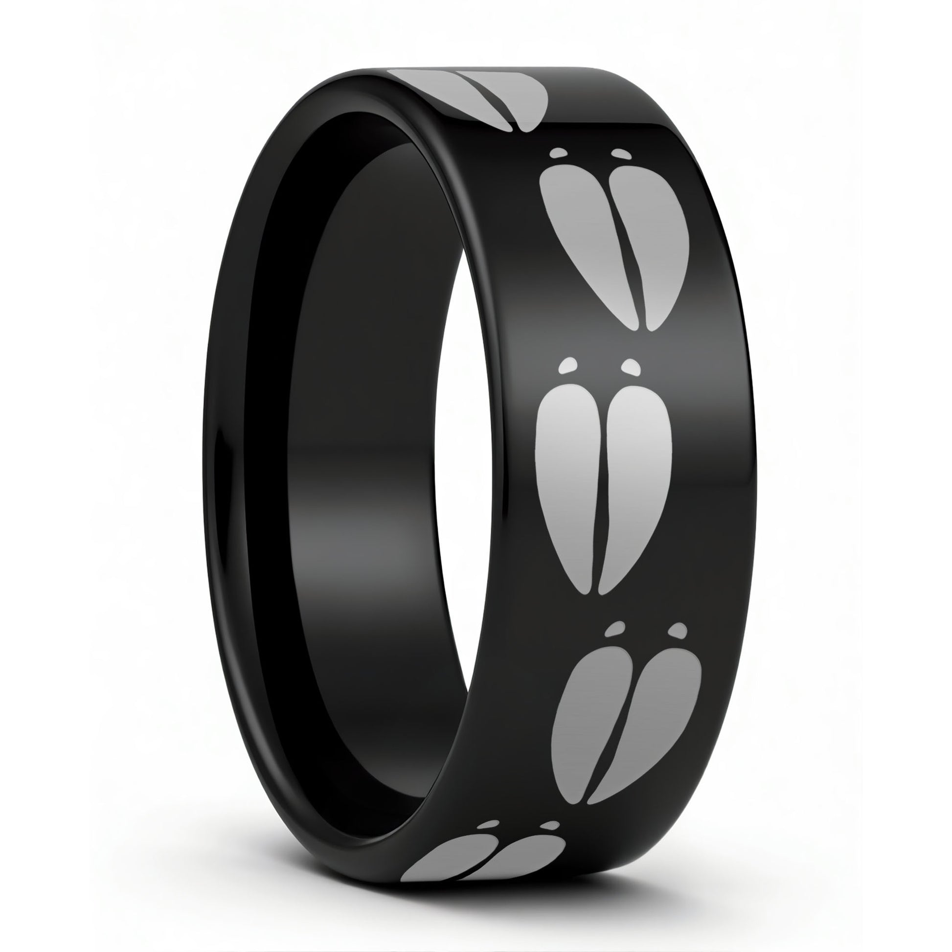 One Moose Tracks Black Tungsten Men's Wedding Band displayed on a plain white background