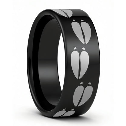 One Moose Tracks Black Tungsten Men's Wedding Band displayed on a plain white background