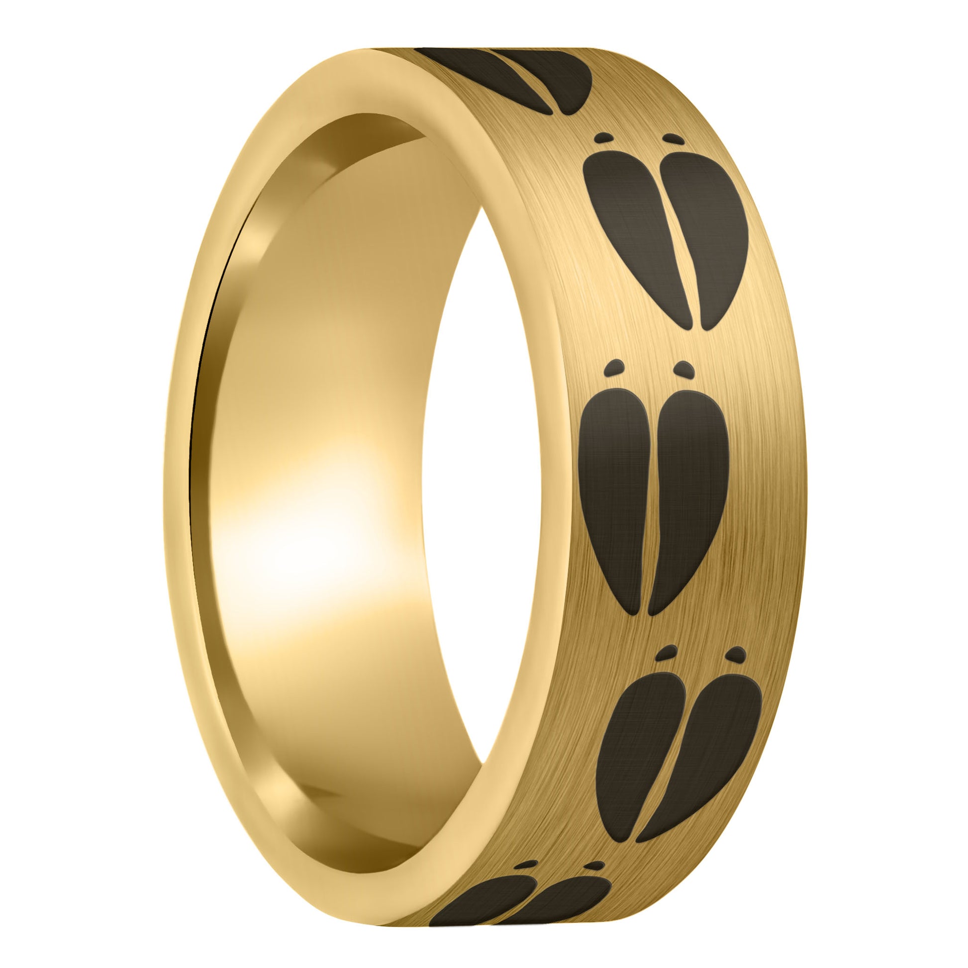 A moose tracks brushed gold tungsten men's wedding band displayed on a plain white background.