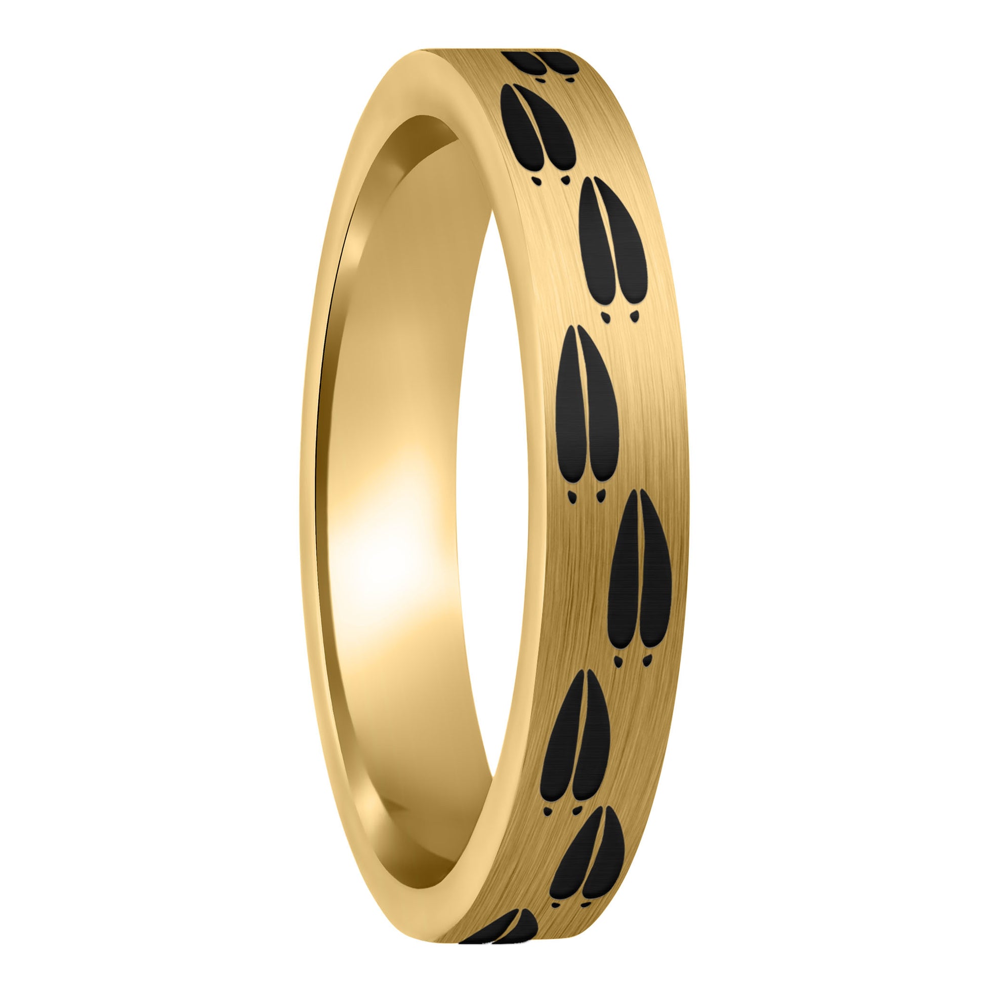 A moose tracks brushed gold tungsten women's wedding band displayed on a plain white background.