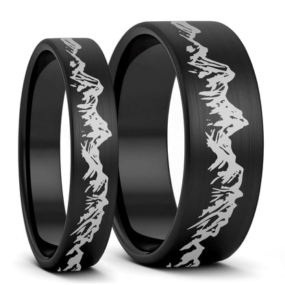 Mountain Range Brushed Tungsten Couple's Matching Wedding Band Set