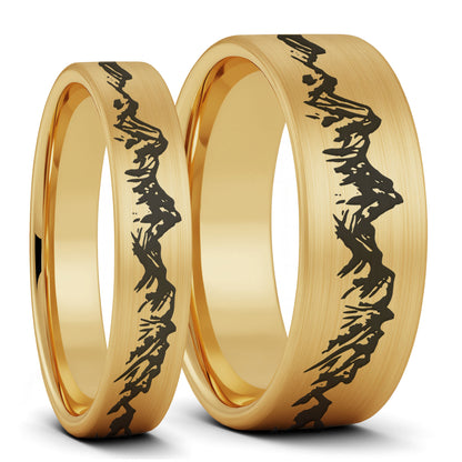 Mountain Range Brushed Tungsten Couple's Matching Wedding Band Set