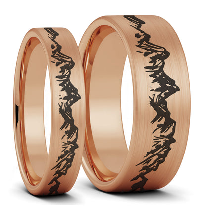 Mountain Range Brushed Tungsten Couple's Matching Wedding Band Set