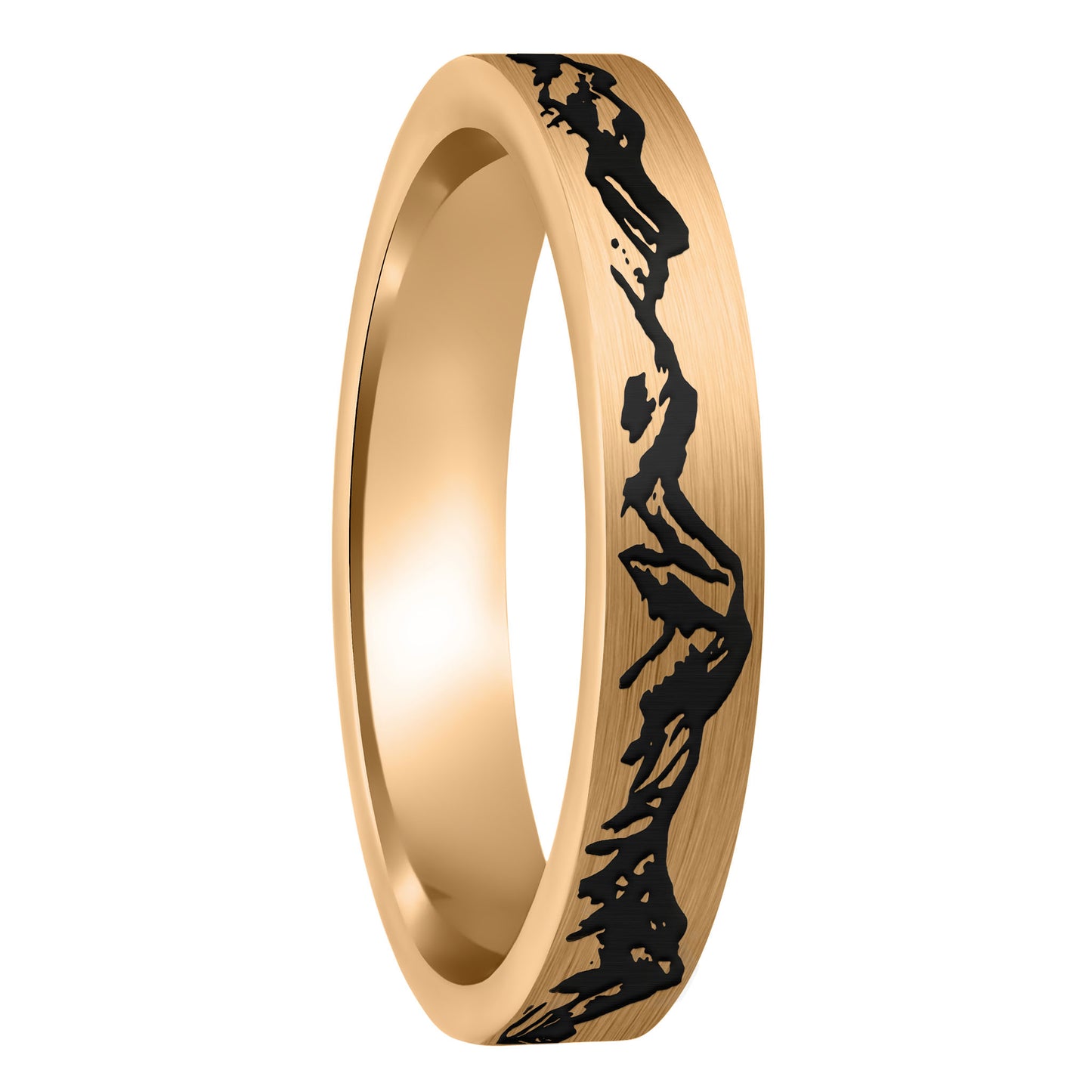 A mountain range brushed rose gold tungsten women's wedding band displayed on a plain white background.
