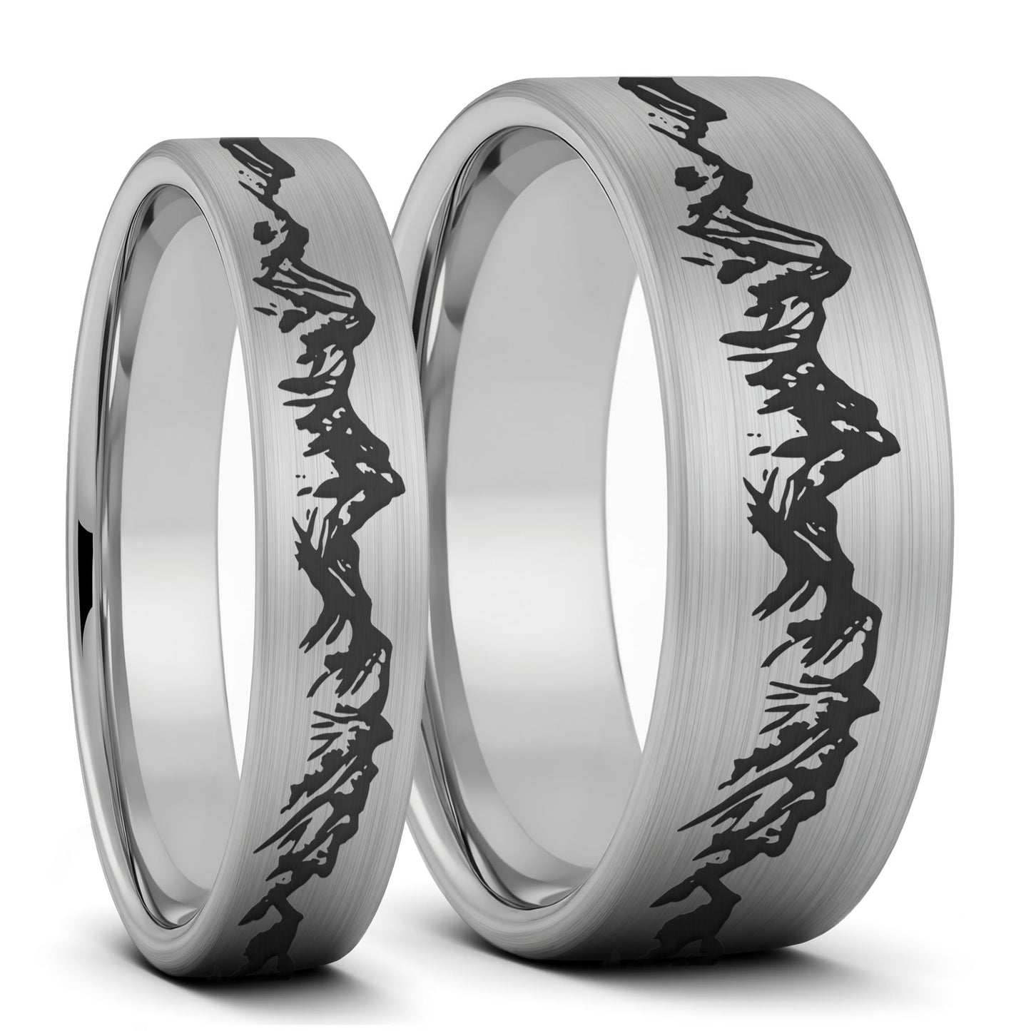 Mountain Range Brushed Tungsten Couple's Matching Wedding Band Set