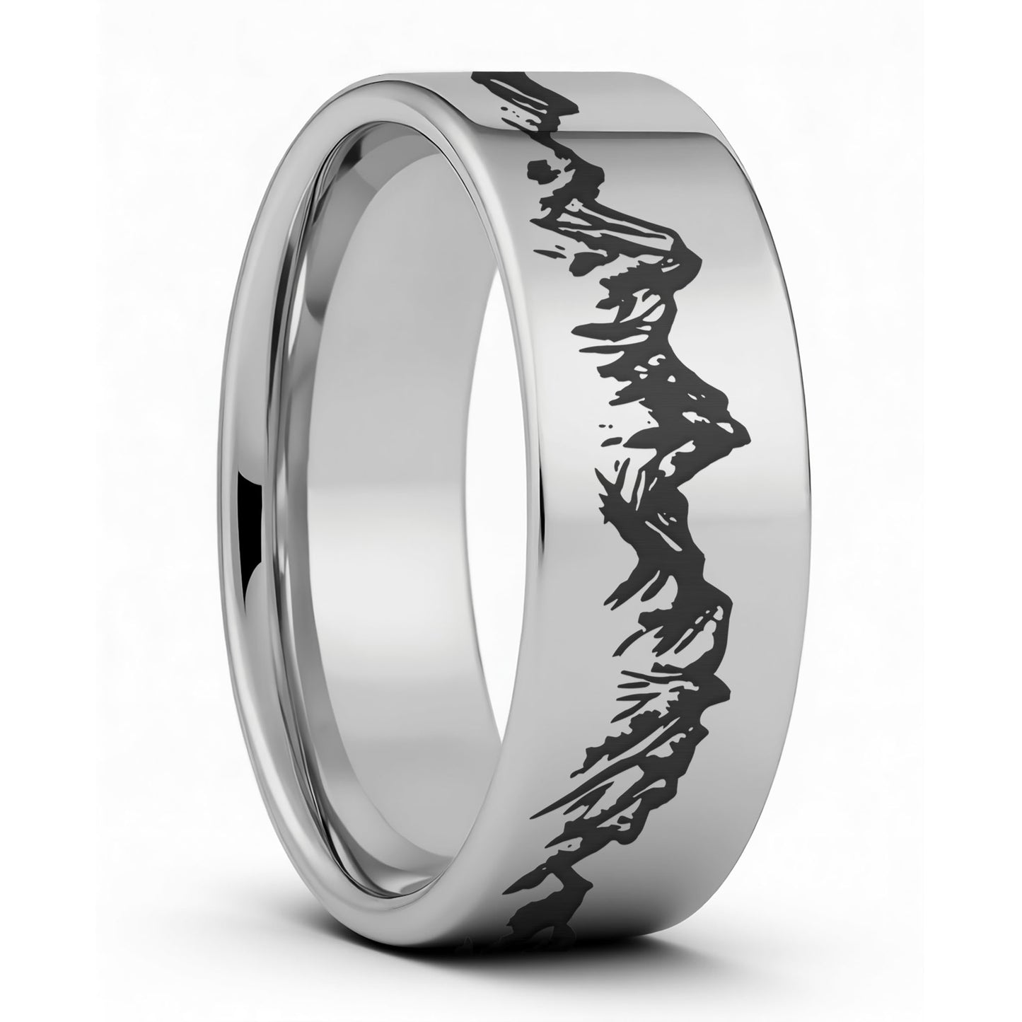 Silver tungsten ring with black engraved  mountain design on a white background
