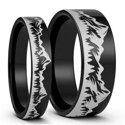 Mountain Range & Forest Tungsten Couple's Matching Wedding Band Set