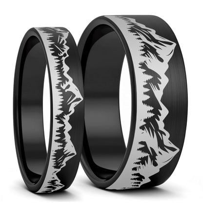 Mountain Range & Forest Brushed Tungsten Couple's Matching Wedding Band Set