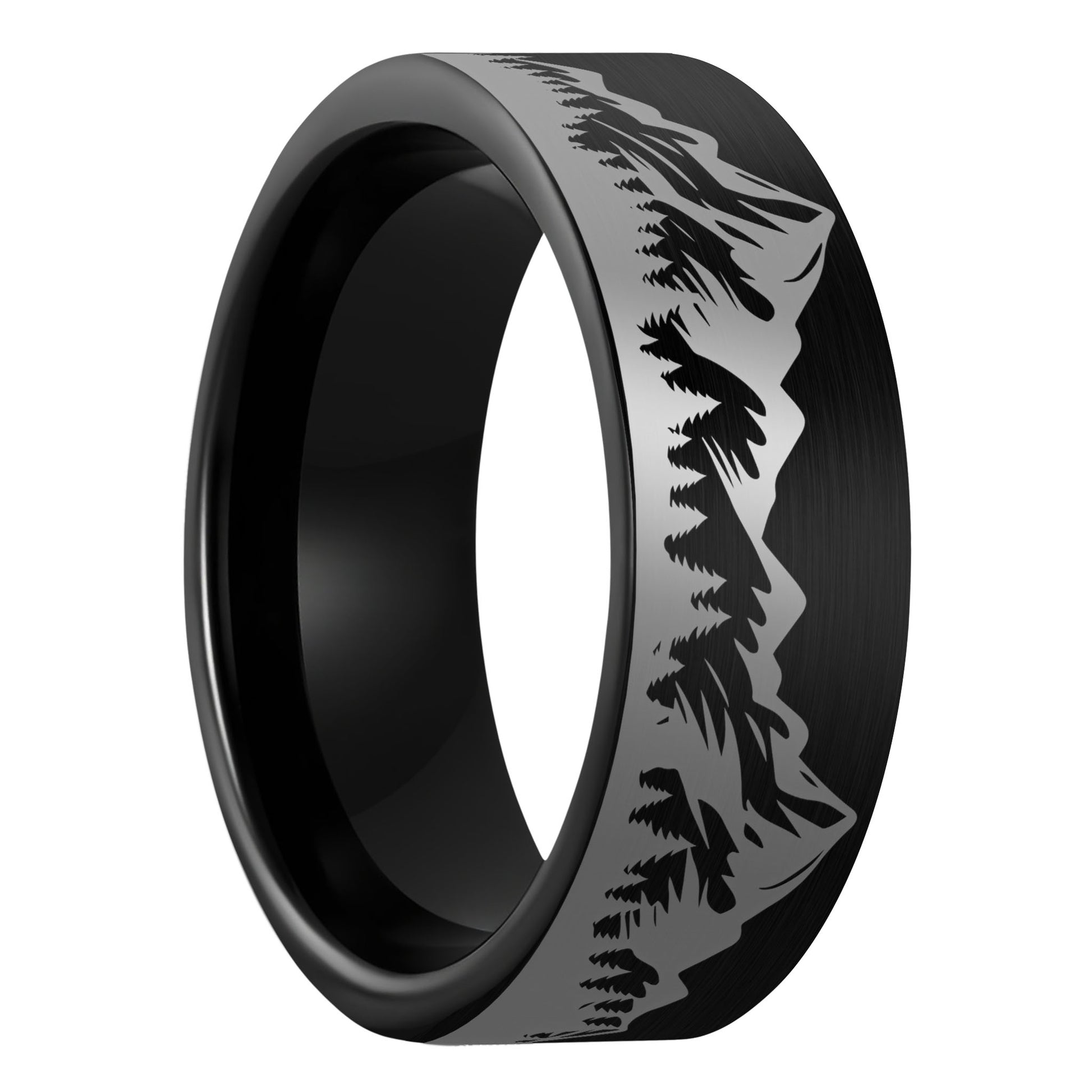 A mountain range forest brushed black tungsten men's wedding band displayed on a plain white background.