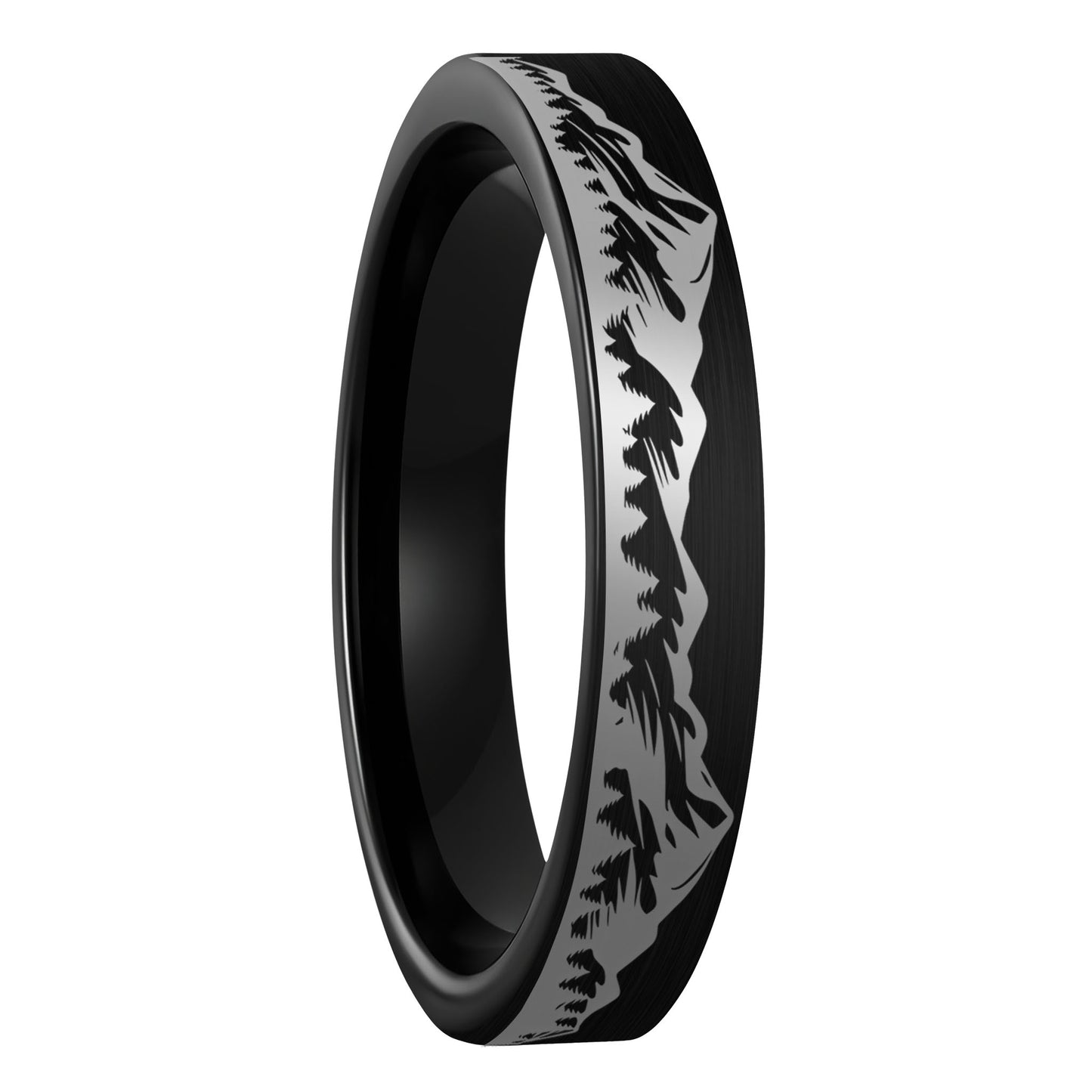 A mountain range forest brushed black tungsten women's wedding band displayed on a plain white background.