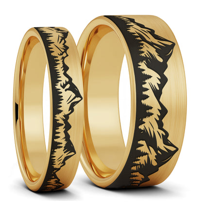 Mountain Range & Forest Brushed Tungsten Couple's Matching Wedding Band Set