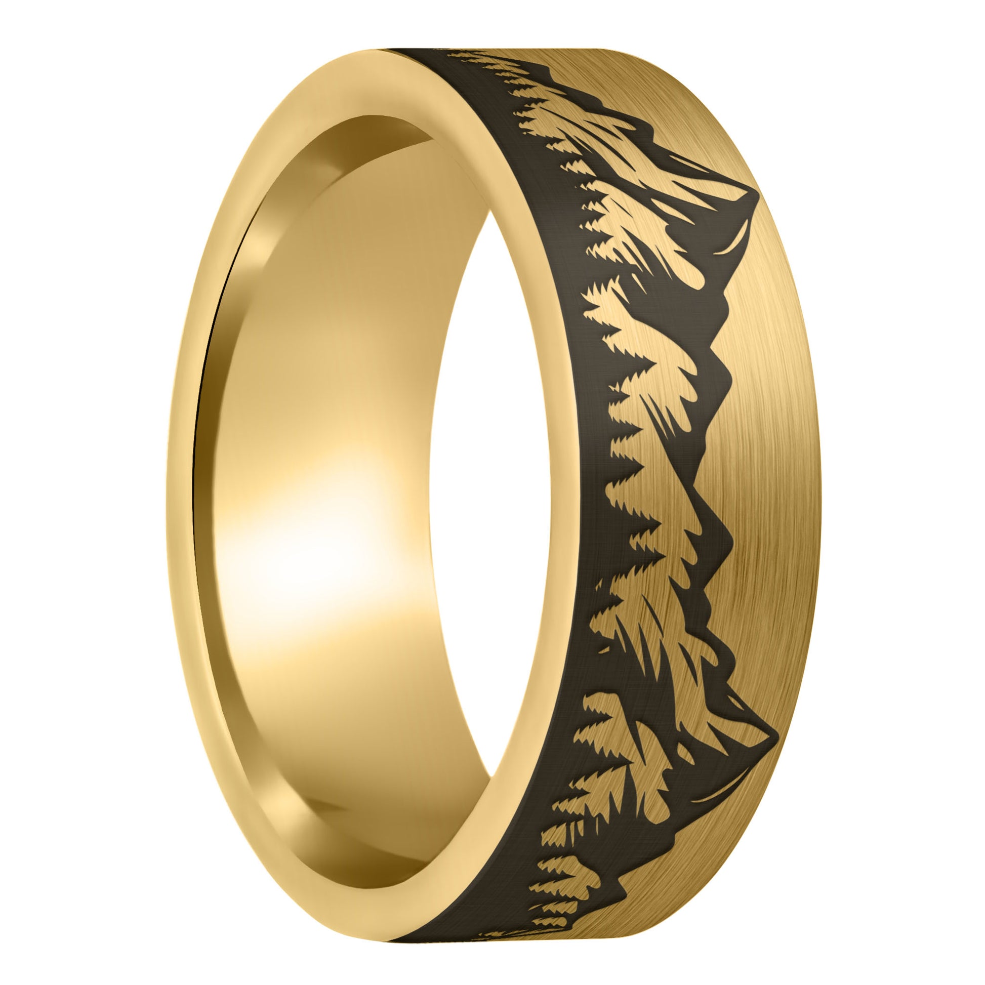 A mountain range forest brushed gold tungsten men's wedding band displayed on a plain white background.