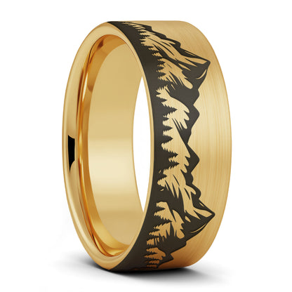 A mountain range forest brushed gold tungsten men's wedding band displayed on a plain white background.