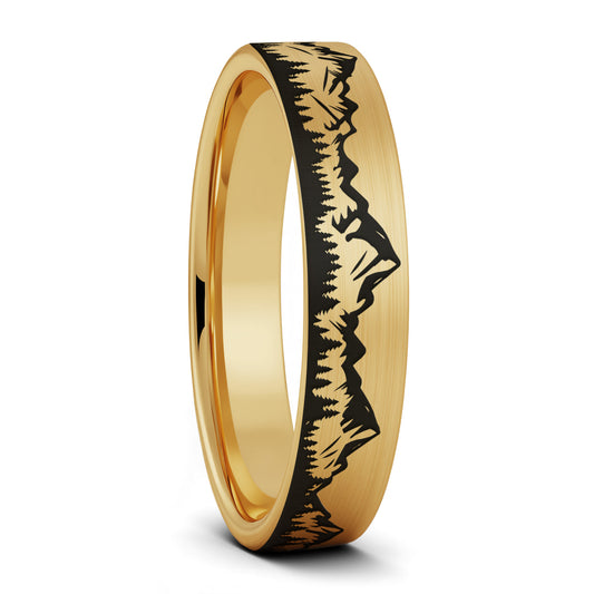 A mountain range forest brushed gold tungsten women's wedding band displayed on a plain white background.
