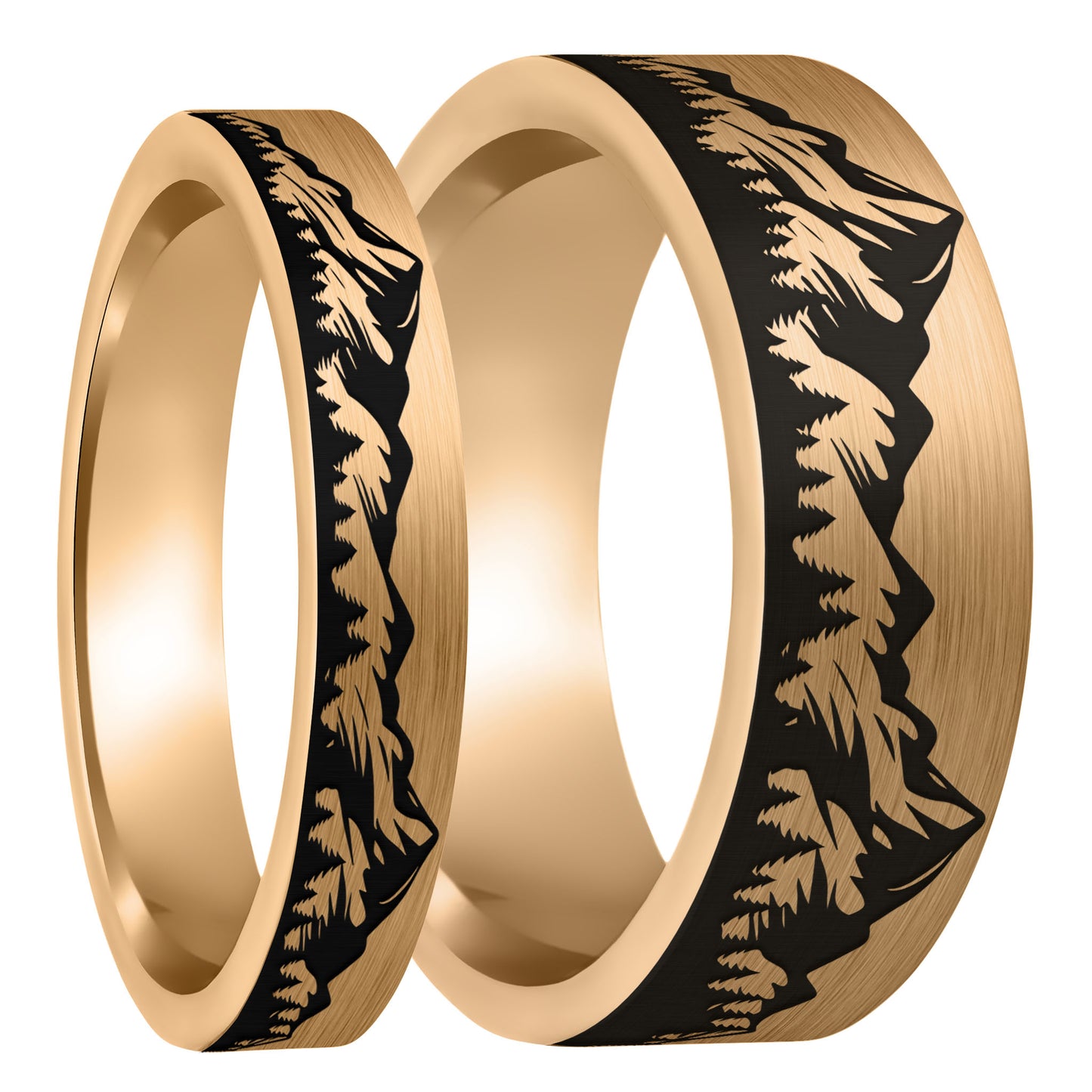 Ensemble d'alliances assorties pour couple en tungstène or rose brossé Mountain Range Forest