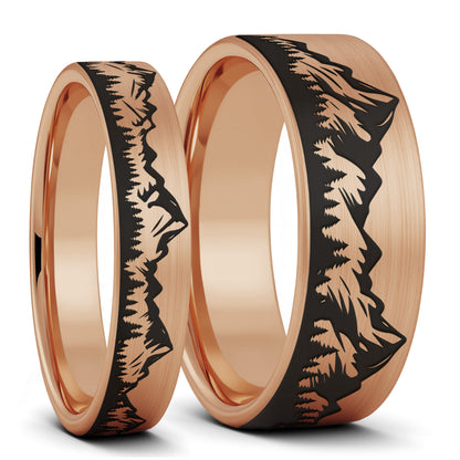 Mountain Range & Forest Brushed Tungsten Couple's Matching Wedding Band Set