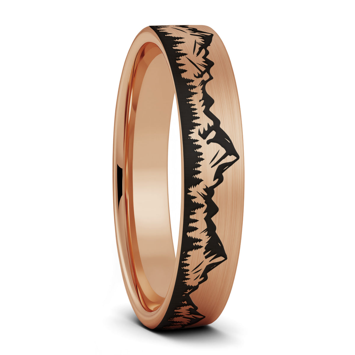 A mountain range forest brushed rose gold tungsten women's wedding band displayed on a plain white background.