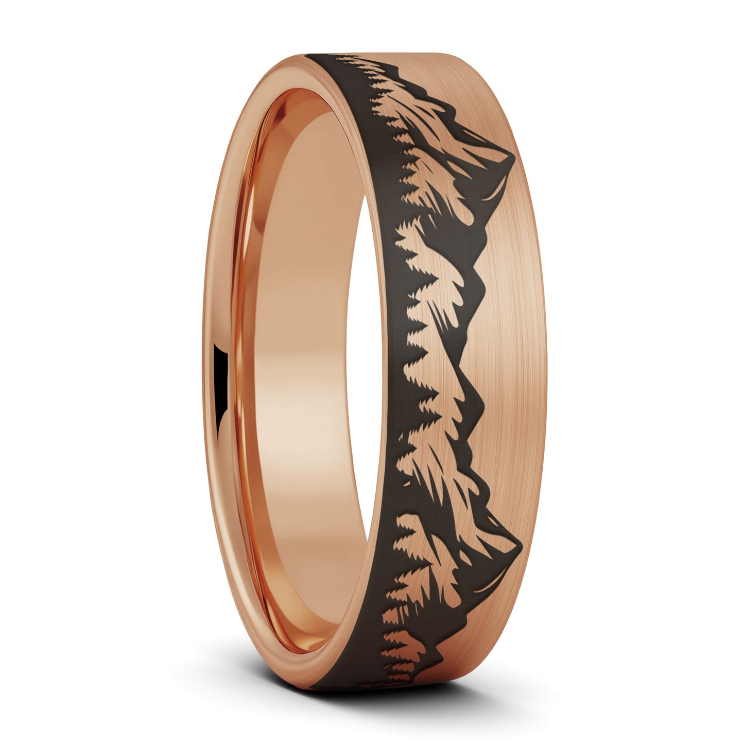 Alianza de boda de tungsteno para mujer con diseño de bosque y cordillera en oro cepillado